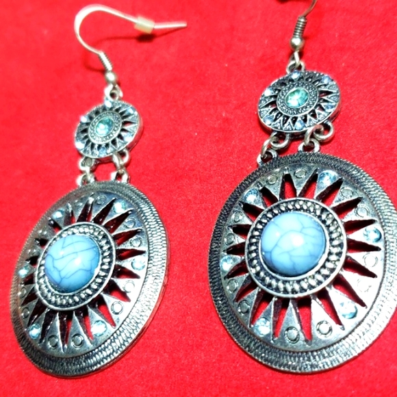 Antique Turquoise Double Beautiful Earrings Silver Tone &  Stones - Picture 3 of 12